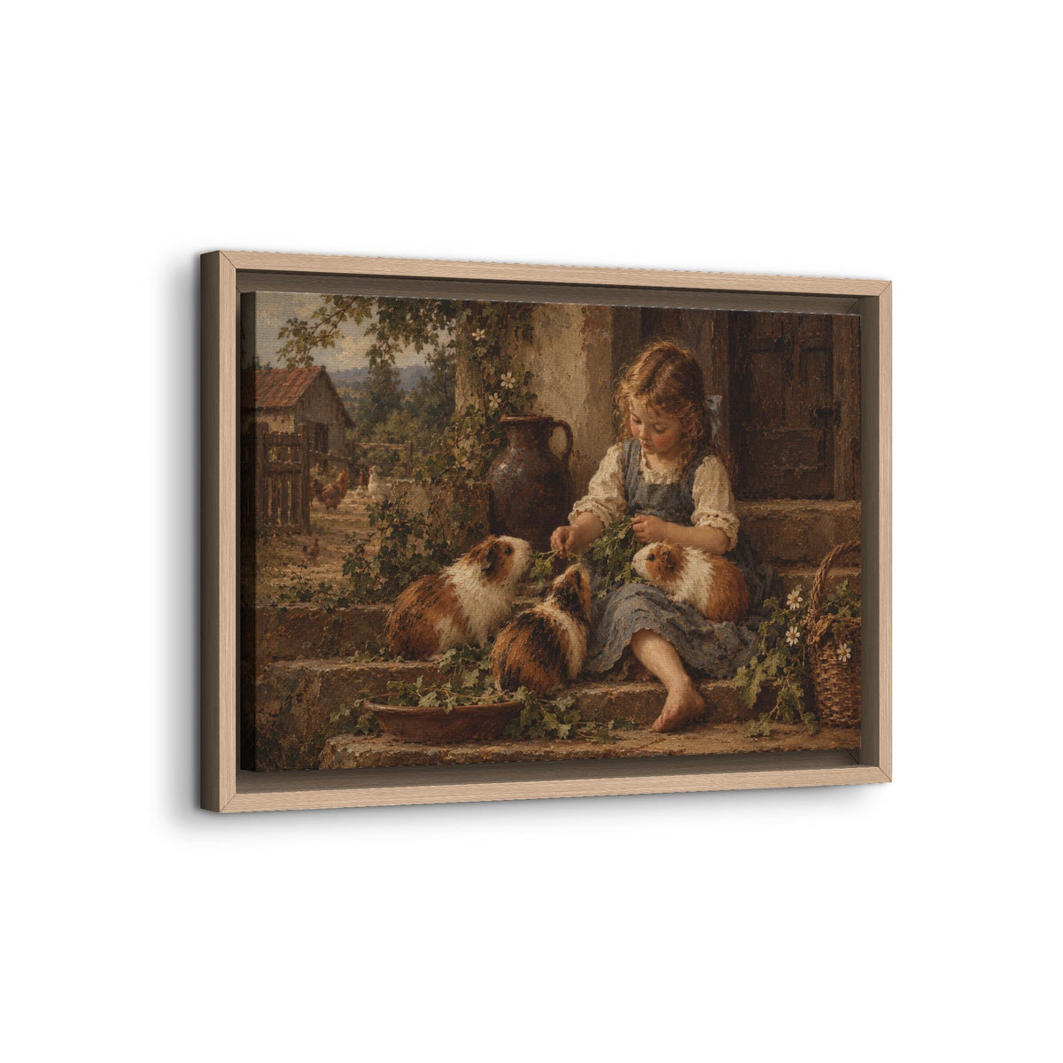 Framed Canvas Wall Art – Vintage Girl with Guinea Pigs