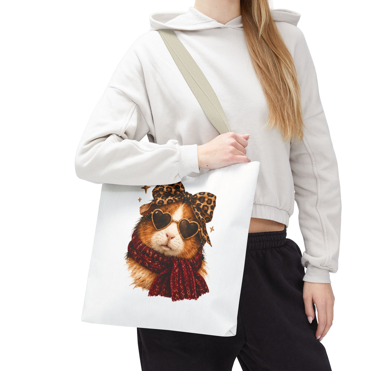 Guinea Pig Tote Bag with Leopard Bow and Heart Sunglasses
