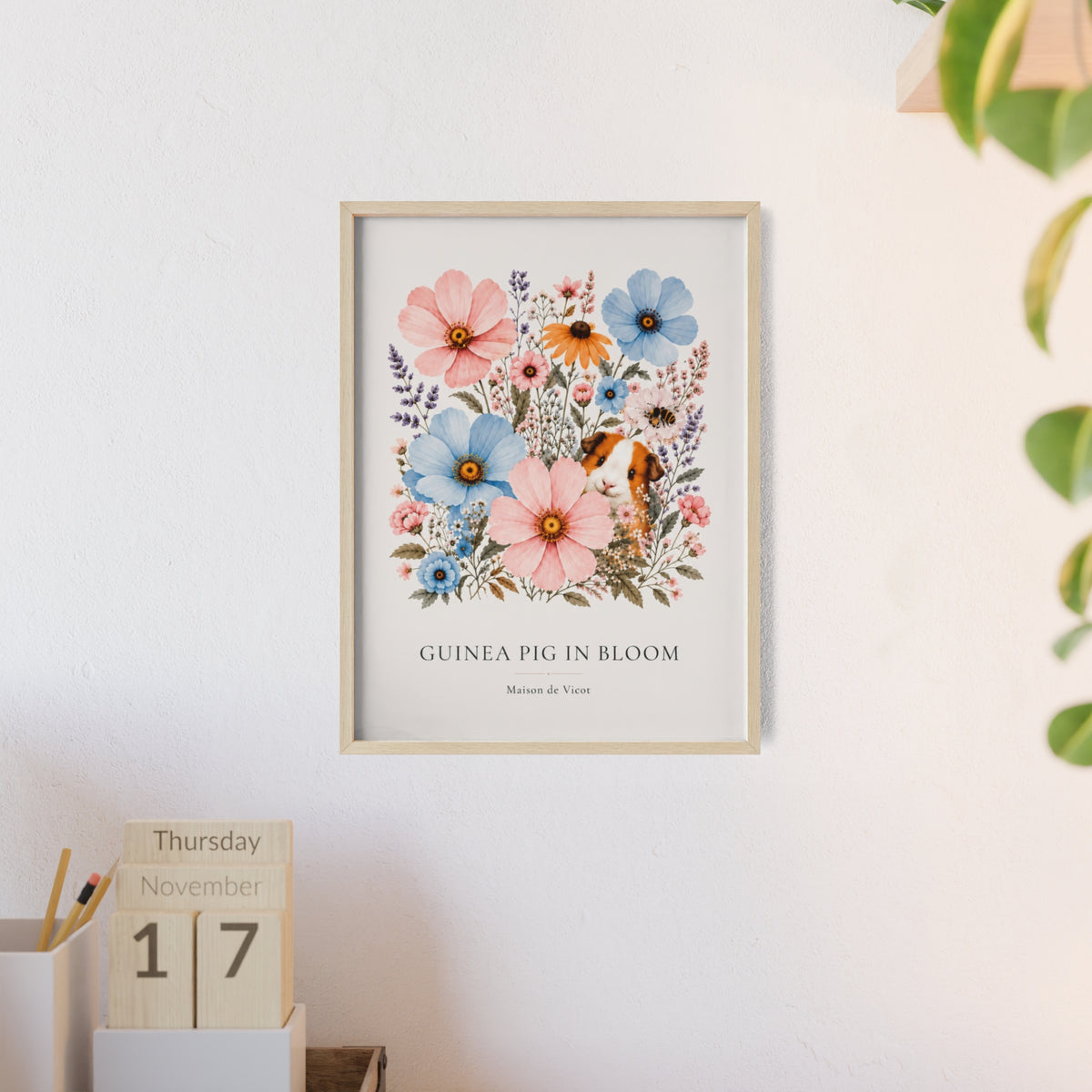Guinea Pig in Bloom | Botanical Guinea Pig Wall Art | Framed Cottagecore Poster