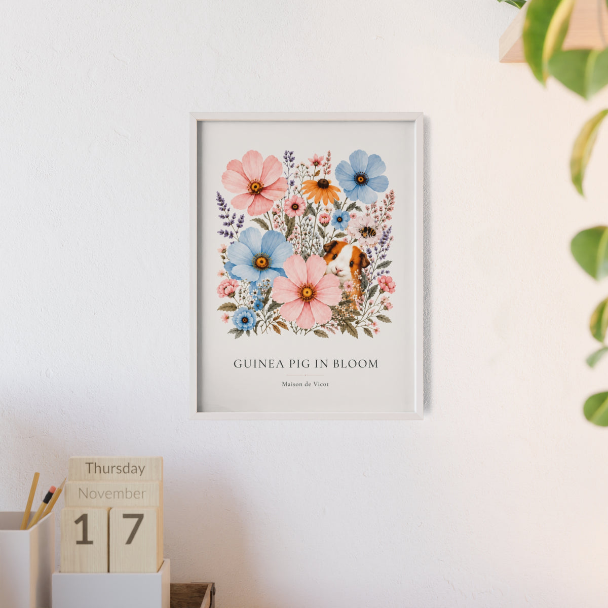 Guinea Pig in Bloom | Botanical Guinea Pig Wall Art | Framed Cottagecore Poster