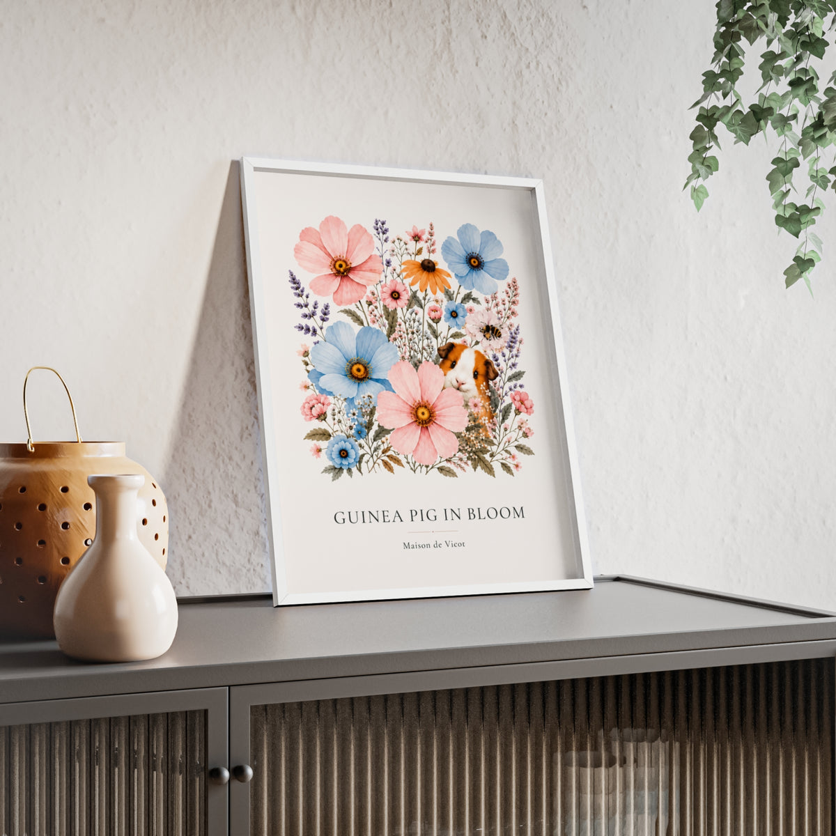 Guinea Pig in Bloom | Botanical Guinea Pig Wall Art | Framed Cottagecore Poster