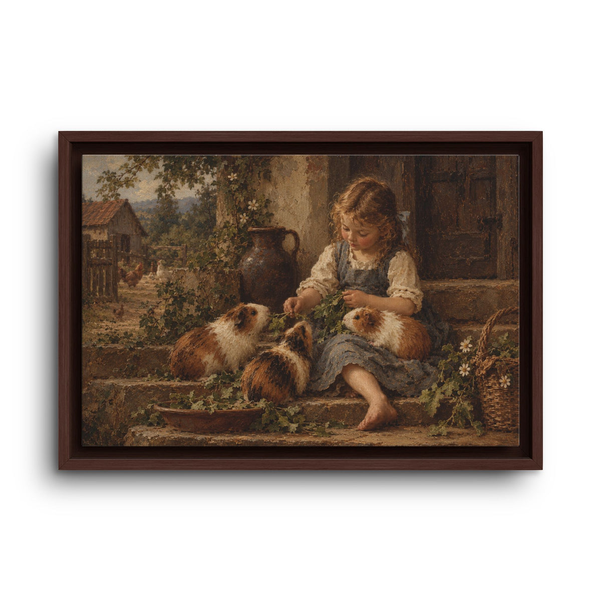 Framed Canvas Wall Art – Vintage Girl with Guinea Pigs