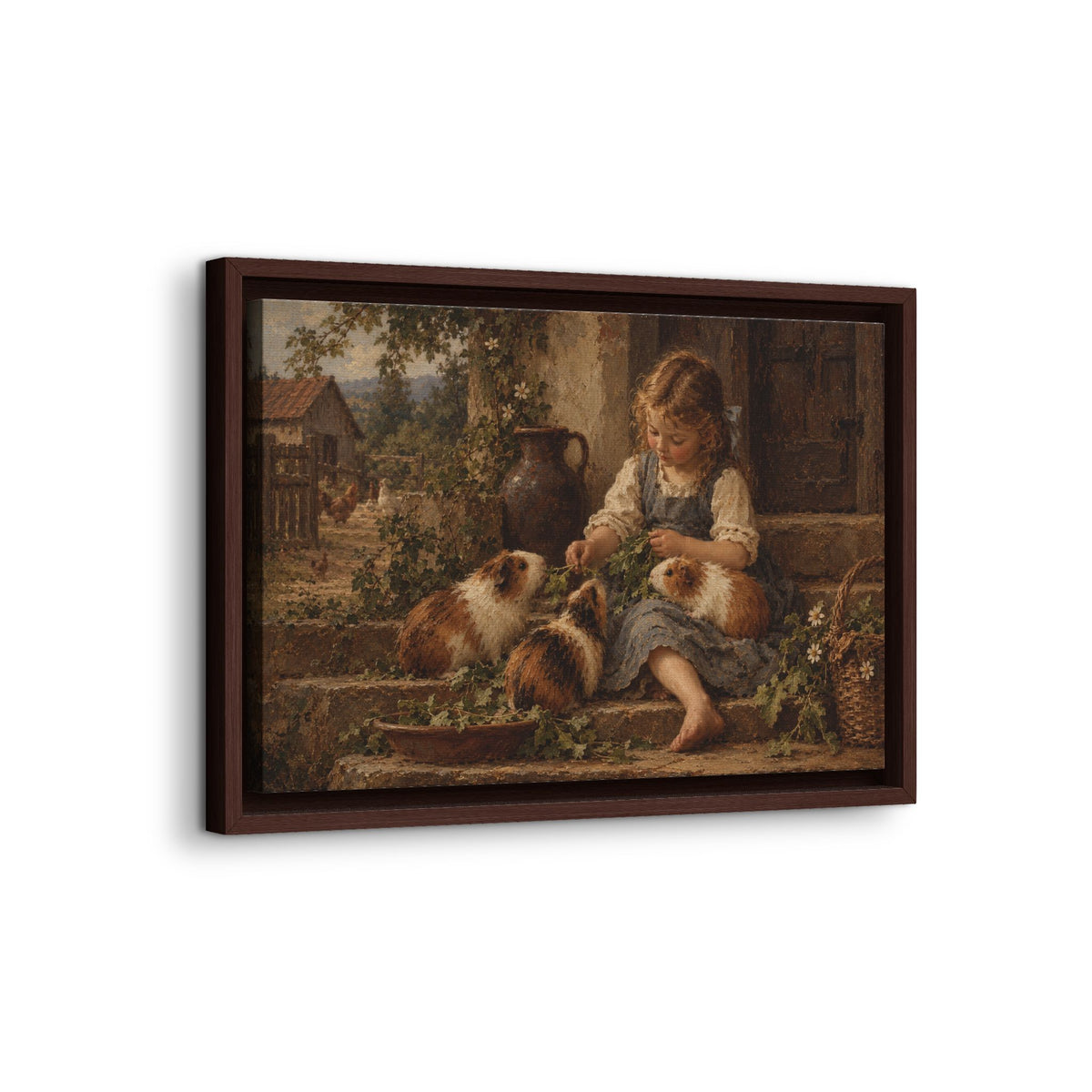 Framed Canvas Wall Art – Vintage Girl with Guinea Pigs