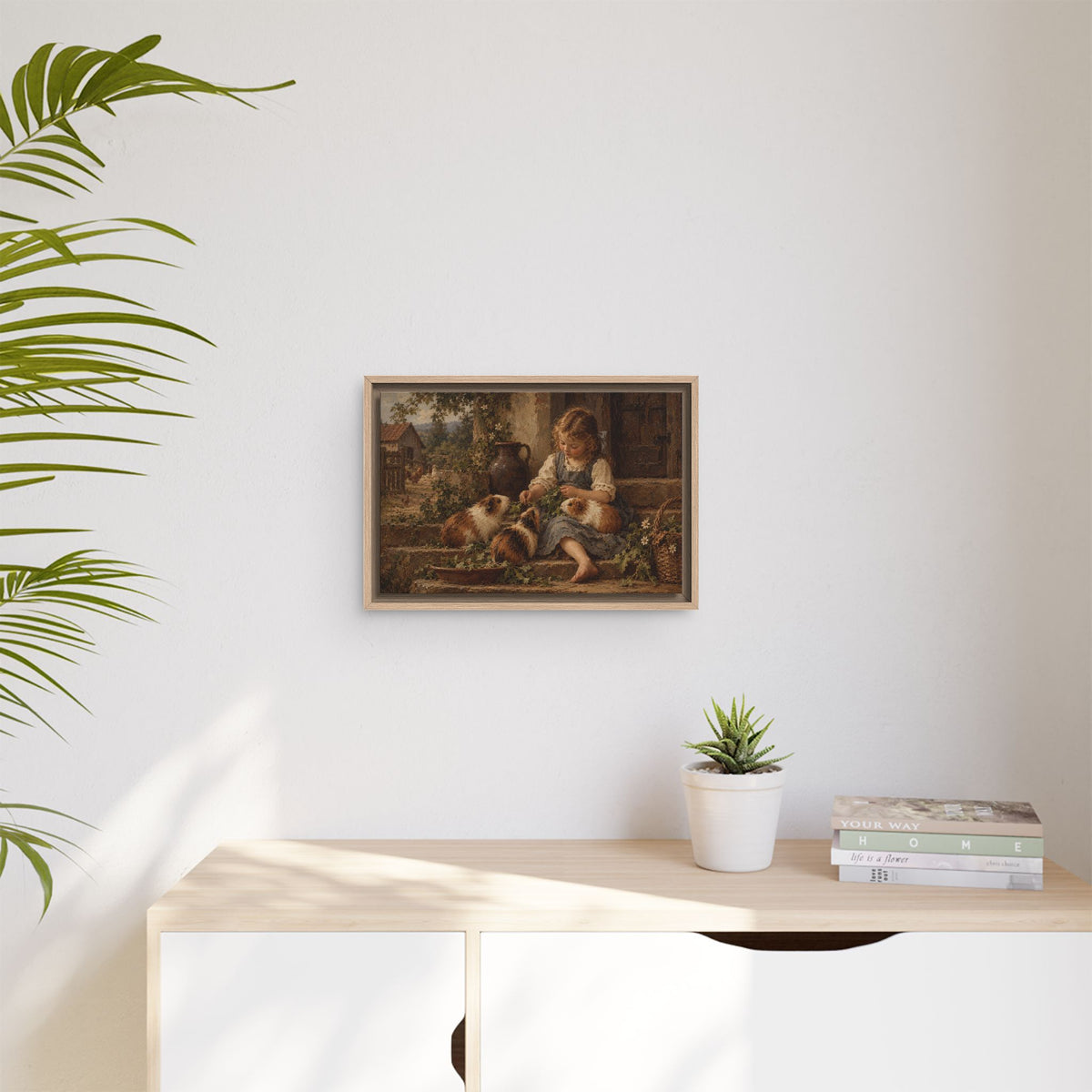 Framed Canvas Wall Art – Vintage Girl with Guinea Pigs