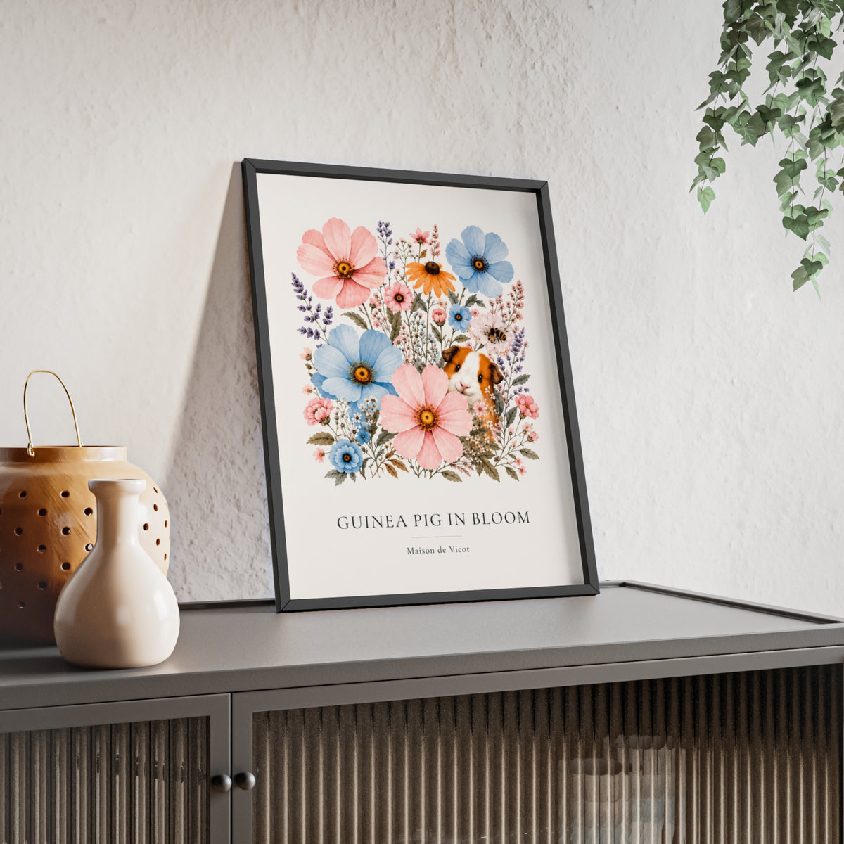 Guinea Pig in Bloom | Botanical Guinea Pig Wall Art | Framed Cottagecore Poster