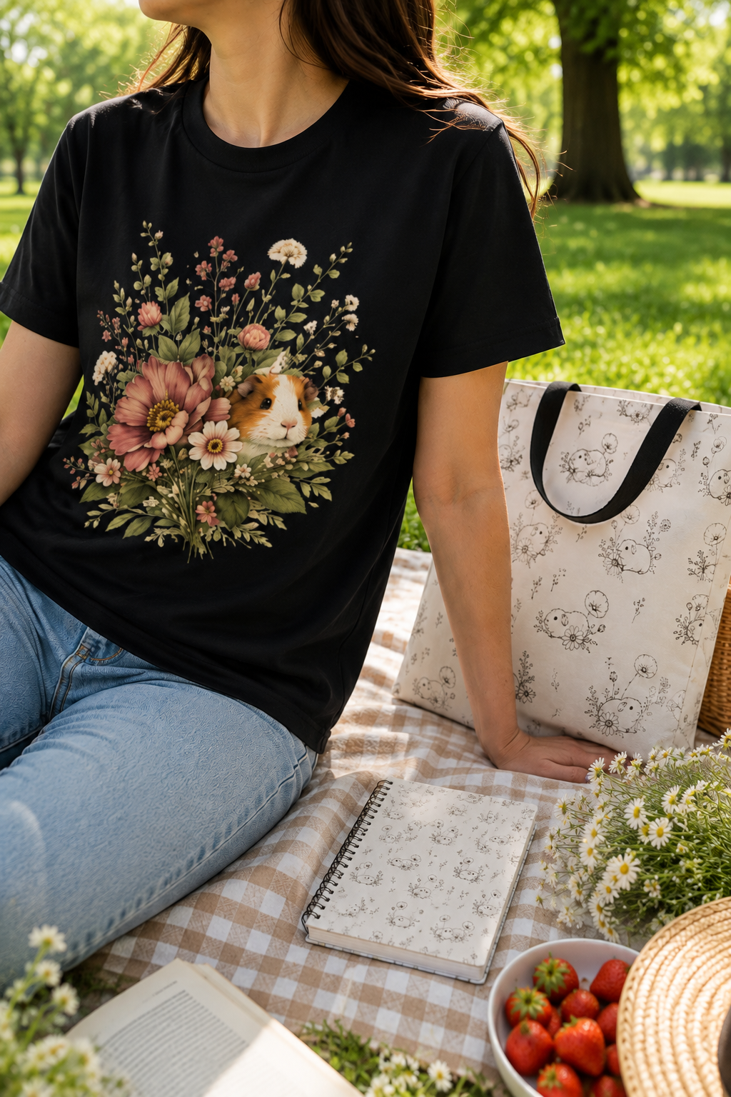 Guinea Pig Floral Tee — Vintage Bouquet Small Pet Graphic T-Shirt