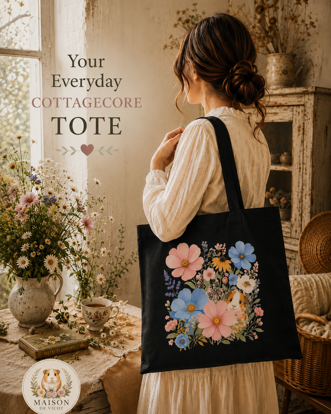 Vintage Floral Guinea Pig Organic Cotton Tote Bag