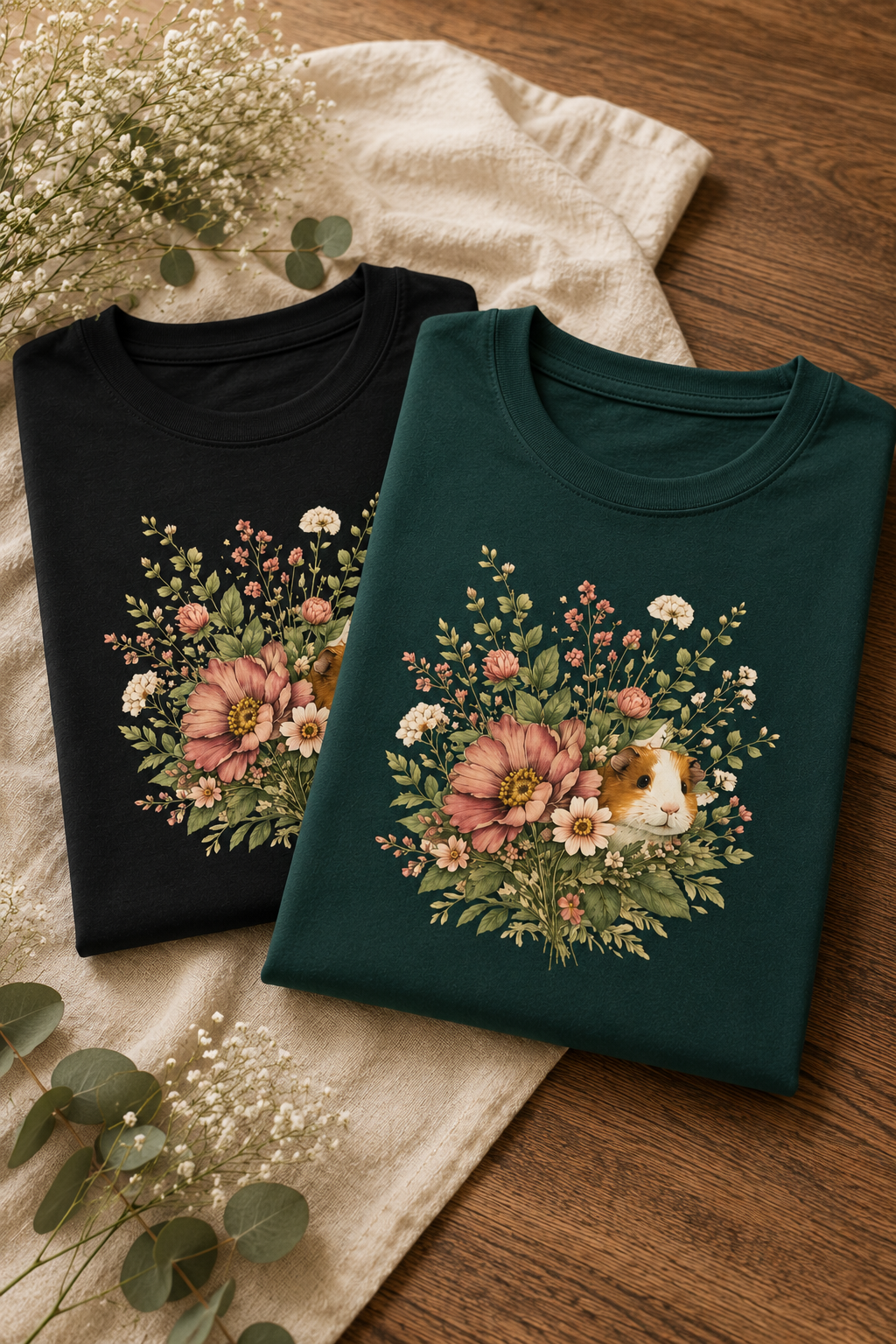 Guinea Pig Floral Tee — Vintage Bouquet Small Pet Graphic T-Shirt