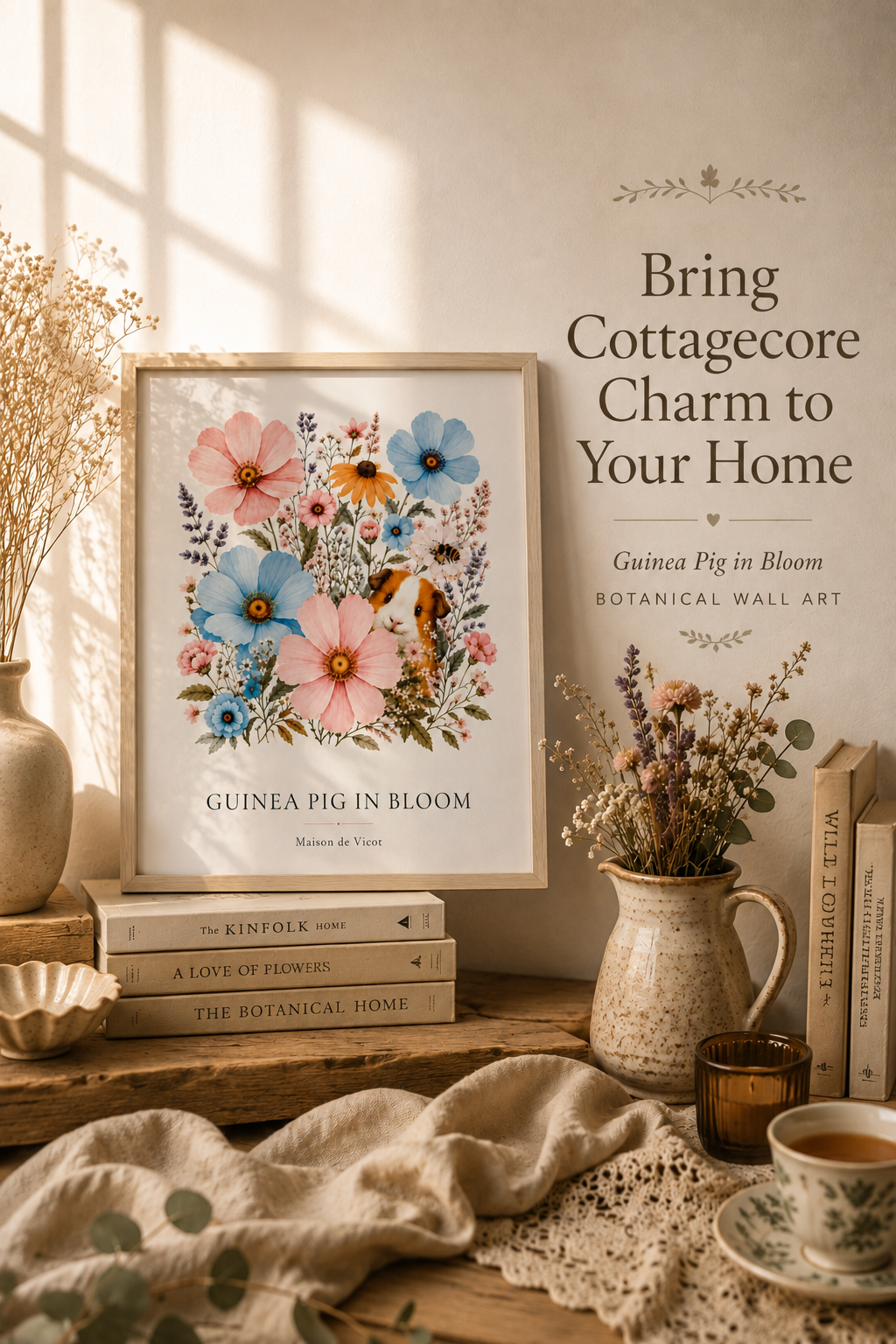 Guinea Pig in Bloom | Botanical Guinea Pig Wall Art | Framed Cottagecore Poster