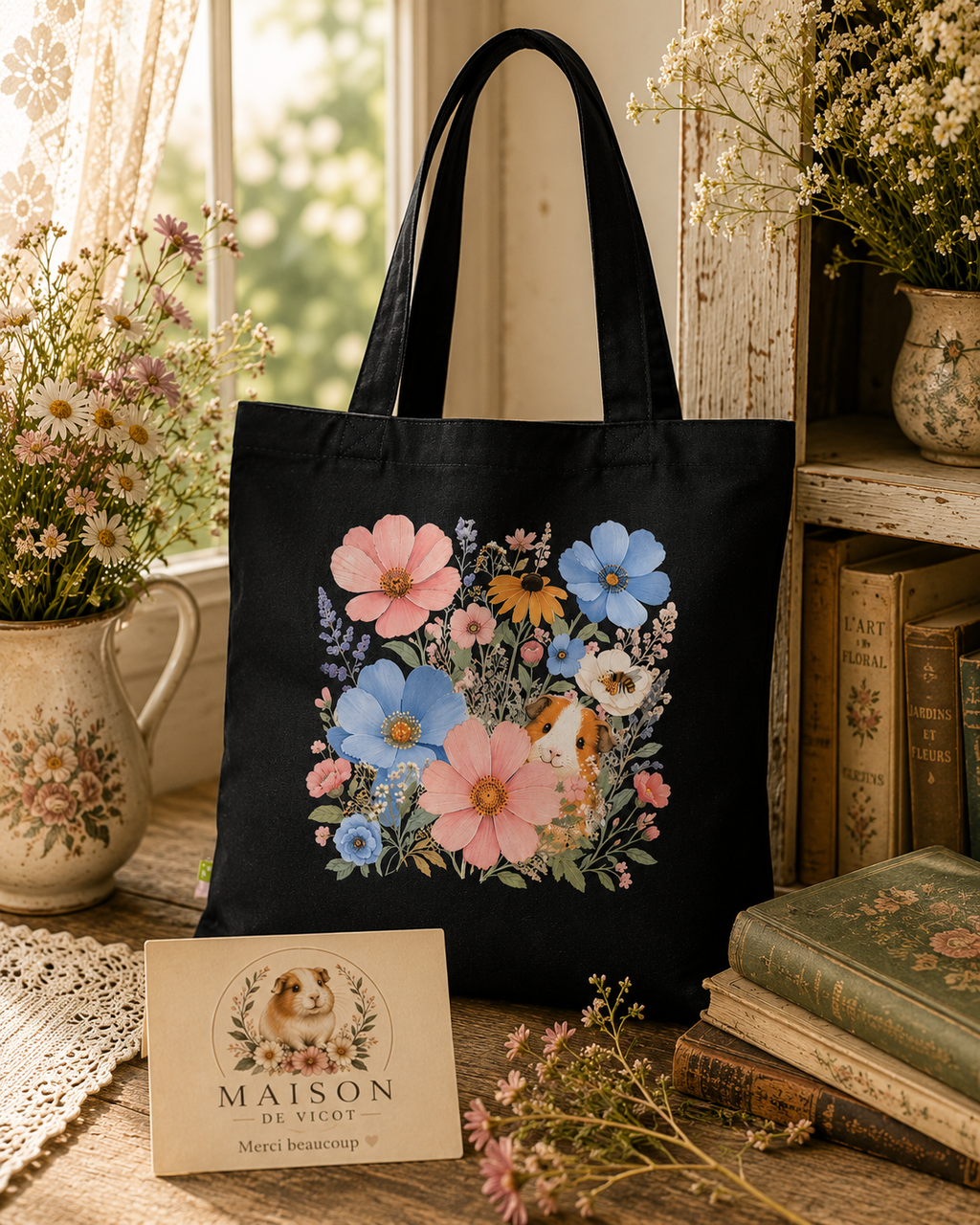 Vintage Floral Guinea Pig Organic Cotton Tote Bag